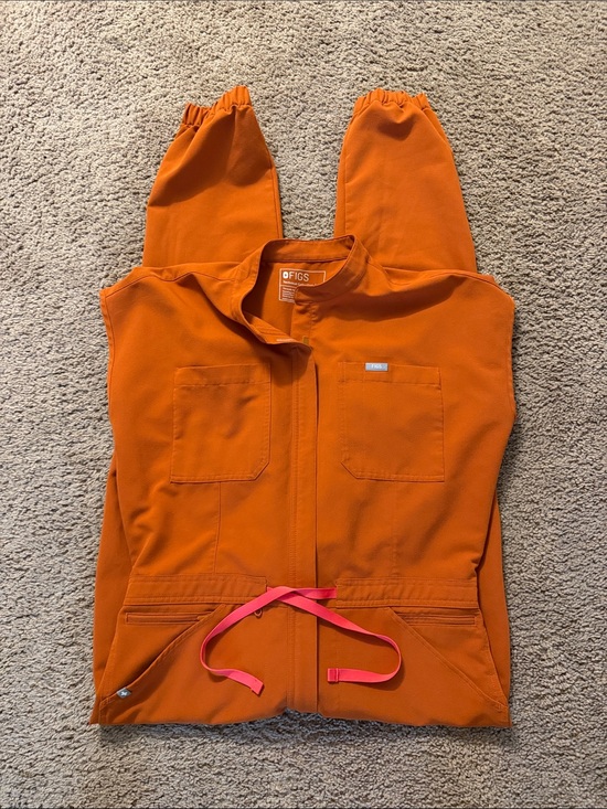 Figs Pants - Figs rusted orange Medical Jumpsuit with neon Pink Drawstring